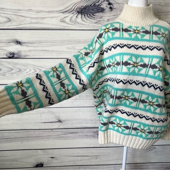 American Eagle Oversized Blue & Cream Mock Neck Fair Isle Sweater - Picture 8 of 10